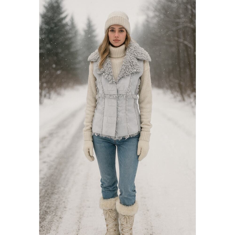 Bebe Y2K Faux Shearling Vest XS Gray Shaggy Fur Trim Penny Lane Winter Coquette